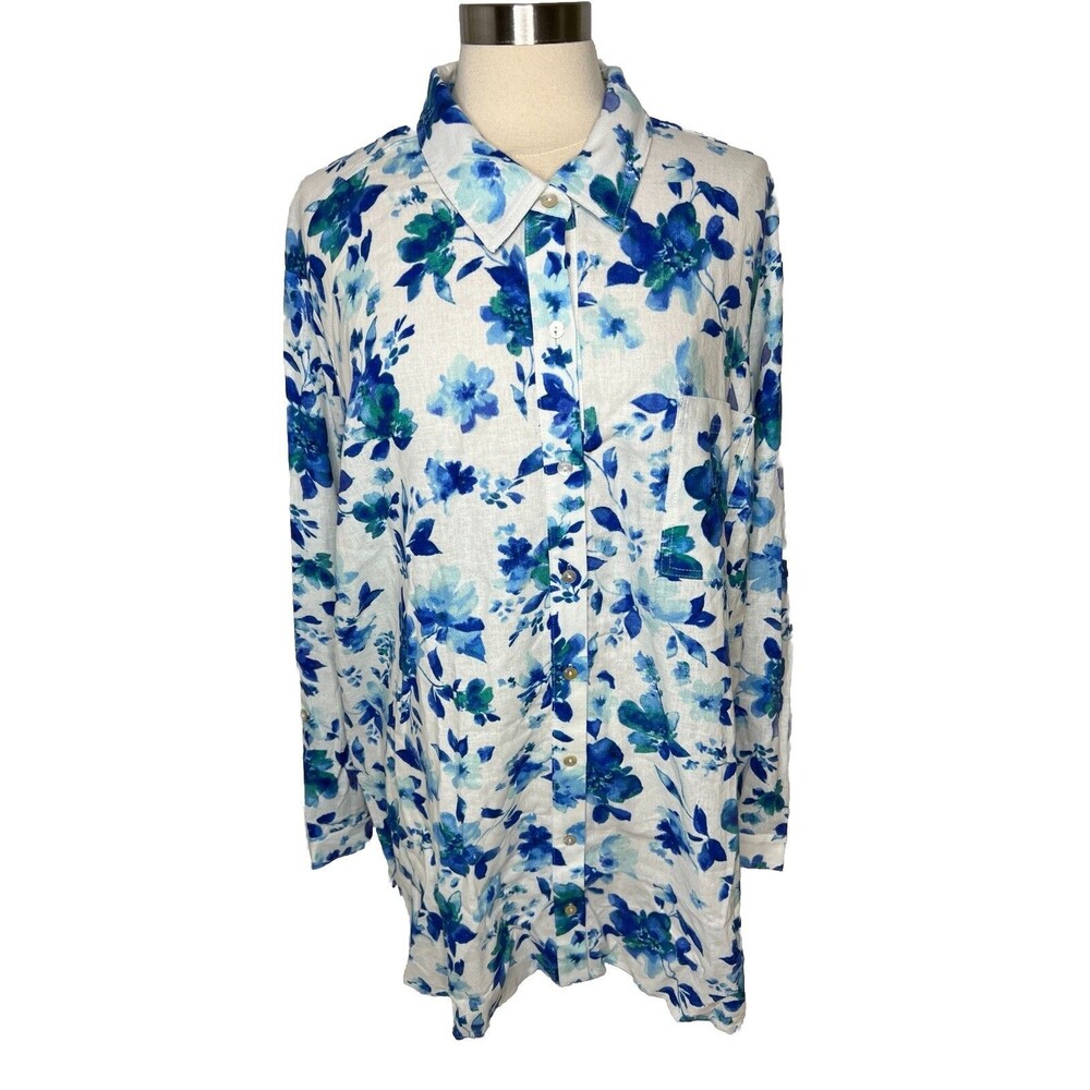 Susan Graver Pure 3XP White Blouse Blue Floral Linen Blend Resort Costal Cottage